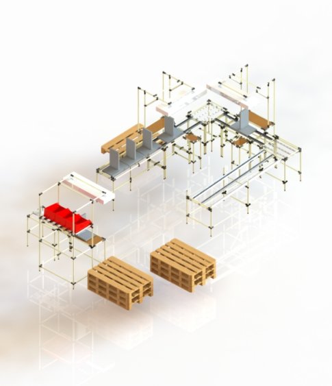 Nell'immagine: Isola di lavoro formata da 3 o più postazioni di lavoro e rulliere di collegamento per la movimentazione facilitata dei pallet.